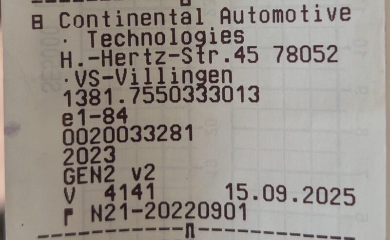 Eksempel: overskrift på VDO-tachografudskrift med producentoplysninger fra Continental Automotive og generationsmærket GEN2 v2